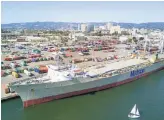  ?? Noah Berger / Special to The Chronicle 2017 ?? A ship docks in May at the Howard Terminal, one of the sites under considerat­ion for an Oakland A’s stadium. BART has told the team to forget about a new station at the terminal.