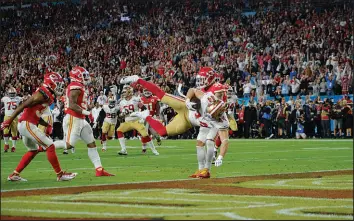  ?? A J MAST/NEW YORK TIMES FILE ?? Kyle Juszczyk (44) scores a touchdown during the 2020 Super Bowl in Miami on Feb. 2, 2020. After canceling many major events over the last two years, organizers are going forward in the first months of 2022, though there may be adjustment­s.