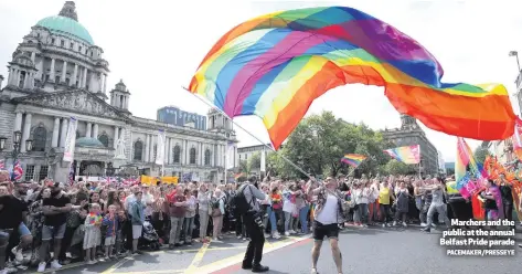  ?? PACEMAKER/PRESSEYE ?? Marchers and the public at the annual Belfast Pride parade