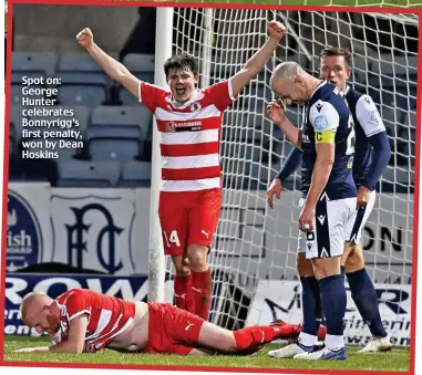  ??  ?? Spot on: George Hunter celebrates Bonnyrigg’s first penalty, won by Dean Hoskins