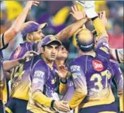  ??  ?? KKR captain Gautam Gambhir’s (centre) threat at the innings break seemed to have worked for the team. AFP PHOTO
