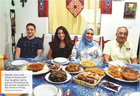  ?? Abdul Rahman/Gulf News ?? Medhat Tonsy and Soheir Al Goueri with their daughter Salma and son Ahmad during iftar at their residence in Abu Dhabi on Friday.