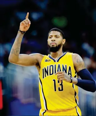  ?? ASSOCIATED PRESS ?? IN THIS APRIL 8 FILE PHOTO, Indiana Pacers’ Paul George gestures after making a 3-point basket against the Orlando Magic in Orlando, Fla.