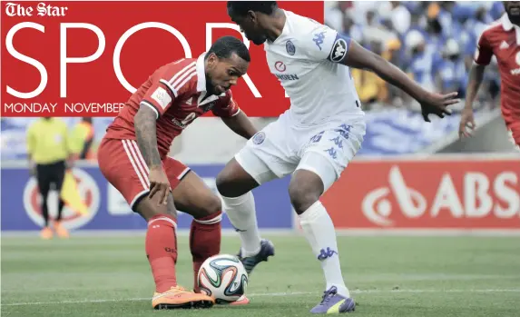  ?? PICTURE: GALLO IMAGES ?? BALL WATCHING: Kermit Erasmus (left) was wasteful in front of goal for Orlando Pirates, missing at least two chances to put his team ahead against SuperSport United at Peter Mokaba Stadium yesterday.