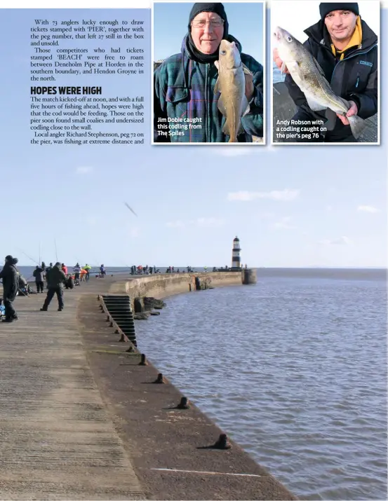  ??  ?? Jim Dobie caught this codling from The Spiles
Andy Robson with a codling caught on the pier’s peg 76