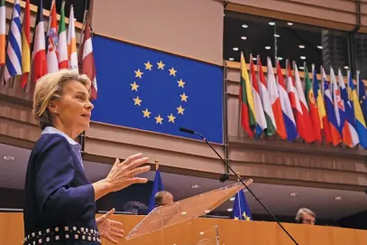  ?? Picture: AFP ?? DISCOURAGE­D. The president of the European Commission Ursula von der Leyen in parliament in Brussels yesterday.