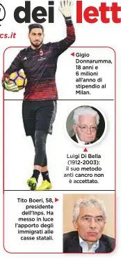  ??  ?? Tito Boeri, 58, presidente dell’Inps. Ha messo in luce l’apporto degli immigrati alle casse statali. Gigio Donnarumma, 18 anni e 6 milioni all’anno di stipendio al Milan. Luigi Di Bella (1912-2003): il suo metodo anti cancro non è accettato.