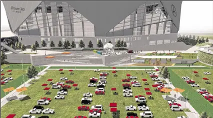  ?? CONTRIBUTE­D ?? This artist’s rendering shows how a new downtown park will be used for parking during events at Mercedes-Benz Stadium. The 13-acre site greenspace will be take up a portion of the space that will become available once the Georgia Dome is demolished.