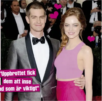  ??  ?? "UPPBROTTET FICK
DEM ATT INSE VAD SOM ÄR VIKTIGT"
Det finns hopp om kärleken! Andrew Garfield och Emma Stone gjorde slut tidigare i år, men nu har de hittat tillbaka till varandra.