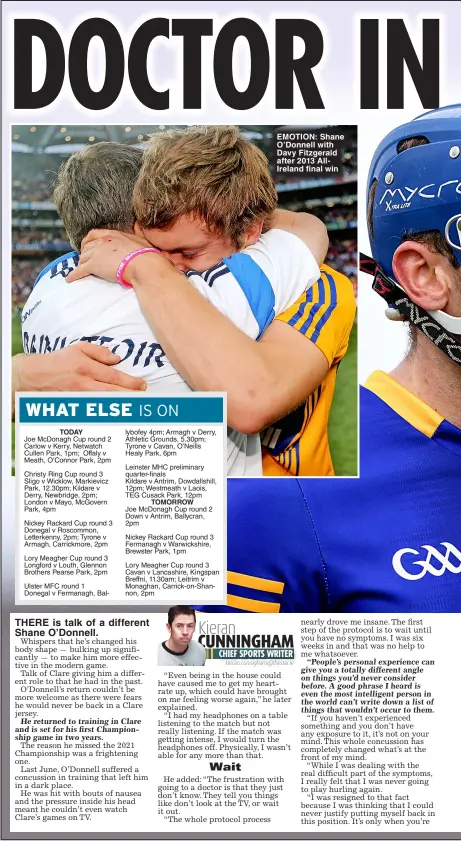  ?? ?? EMOTION: Shane O’Donnell with Davy Fitzgerald after 2013 AllIreland final win