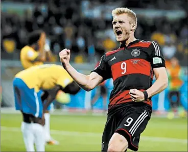  ?? DAMIR SAGOLJ/REUTERS PHOTO ?? Andre Schuerrle celebrates Germany’s sixth goal against Brazil on Tuesday. Schuerrle had the sixth and seventh goals.