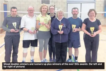  ??  ?? Mixed doubles winners and runners-up plus winners of the over-50s awards (far left and far right of picture)