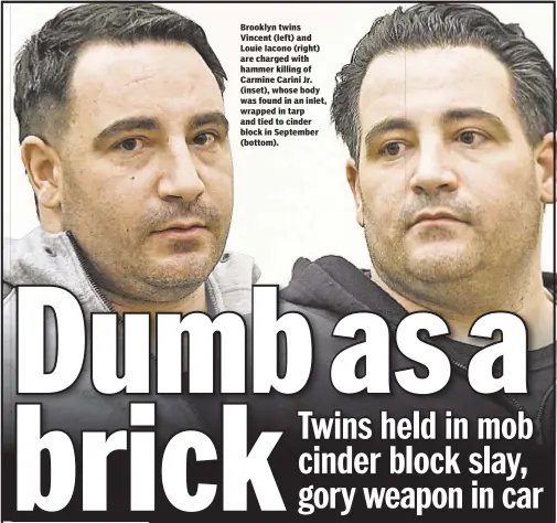  ??  ?? Brooklyn twins Vincent (left) and Louie Iacono (right) are charged with hammer killing of Carmine Carini Jr. (inset), whose body was found in an inlet, wrapped in tarp and tied to cinder block in September (bottom).