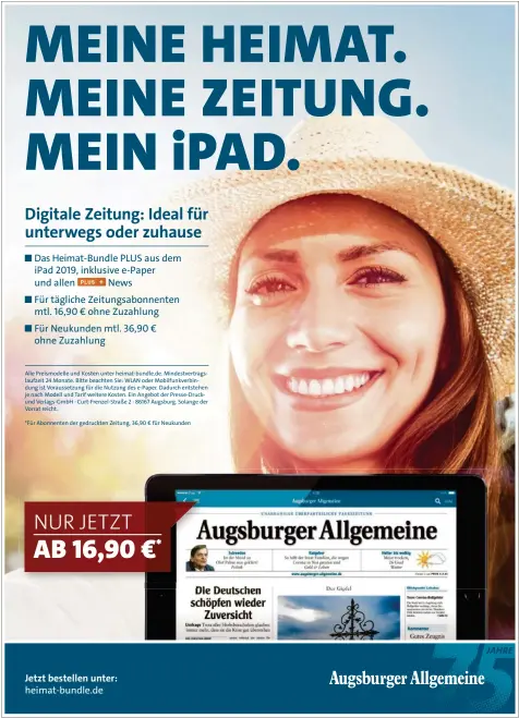  ??  ?? ■ Das Heimat-Bundle PLUS aus dem iPad 2019, inklusive e-Paper und allen News
■ Für tägliche Zeitungsab­onnenten mtl. 16,90 € ohne Zuzahlung
■ Für Neukunden mtl. 36,90 € ohne Zuzahlung
Jetzt bestellen unter: heimat-bundle.de