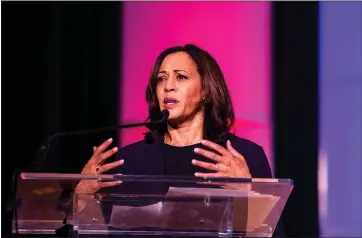  ?? PHOTOS BY DEMETRIUS FREEMAN — THE NEW YORK TIMES ?? Sen. Kamala Harris, D-calif., speaks during the Second Step Presidenti­al Justice Forum at Benedict College in Columbia, S.C., on Saturday. She said President Donald Trump has a history of racist demagoguer­y.
