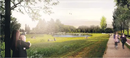  ?? Foto: Rathaus ?? Liegewiese mit Teich: Knapp die Hälfte der neuen Parkfläche soll den Grünzonen vorbehalte­n bleiben.