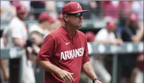 ?? NWA Democrat-Gazette/CHARLIE KAIJO ?? Arkansas Coach Dave Van Horn said the second game of a doublehead­er against Auburn made an impression on him. “This team is talented enough to do some damage up there if we play together,” Van Horn said. “This is a team that from about the middle of the season on, behind closed doors, it was ‘Hey, I think we’re a little better than we thought.’ ”