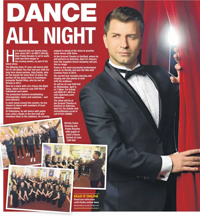  ??  ?? Strictly Come Dancing star Pasha Kovalev with pupils of Julia’s Dance School at Leas Cliff Hall