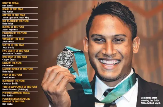  ??  ?? Ben Barba after winning the Dally M Medal last night.