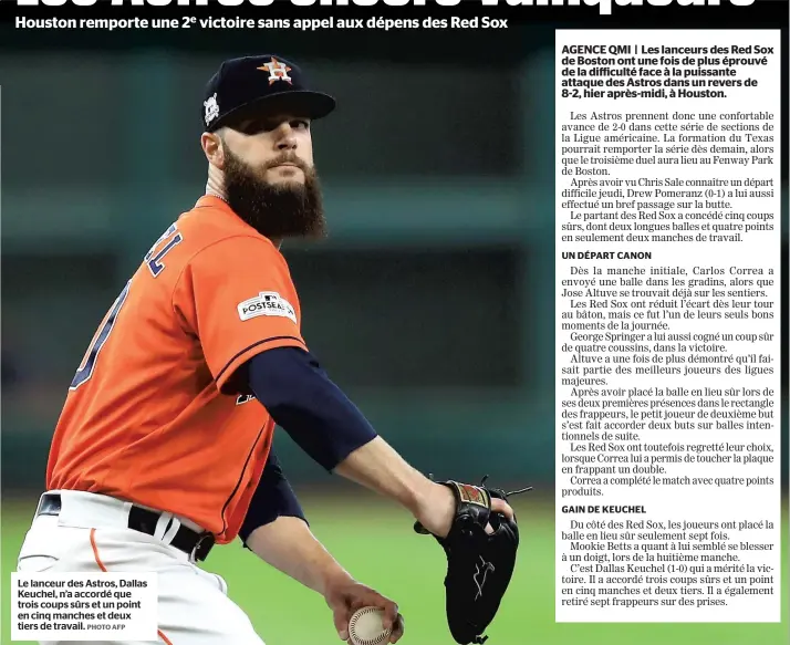  ?? PHOTO AFP ?? Le lanceur des Astros, Dallas Keuchel, n’a accordé que trois coups sûrs et un point en cinq manches et deux tiers de travail.