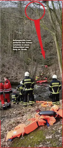  ??  ?? Rettungskr­äfte transporti­erten den Schwerverl­etzten in einem Schlauchbo­ot vom Hang zur Straße.