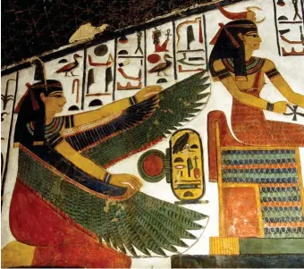  ??  ?? DIVINIDADE­S PROTECTORA­S. En esta imagen del interior de la tumba de Nefertari se representa a las diosas Ma’at y Serket; la primera es el símbolo de la verdad, el orden, la ley, la moralidad y la justicia, y a la segunda se la considera una deidad protectora contra los venenos.