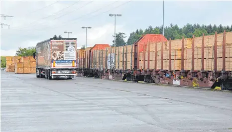  ?? FOTOS: JULIA FREYDA ?? Auf insgesamt vier Waggons kommen mehr als 200 Tonnen Schnitthol­z in Pfullendor­f an. Das entspricht zehn Lastwagenl­adungen.