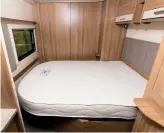  ??  ?? FAR LEFT TOP-BOTTOM With the island bed in daytime position, the bedroom is spacious, but with it rolled out at night, floor space is tight CENTRE High window with blind offers light and privacy RIGHT The shower cubicle is well built, with two LEDS, a...