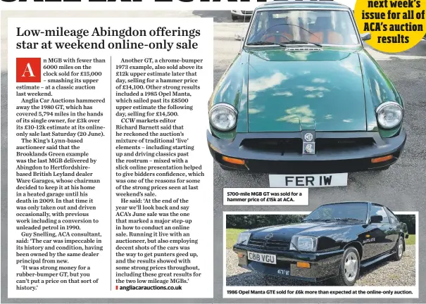  ??  ?? 5700-mile MGB GT was sold for a hammer price of £15k at aca. Don’t miss next week’s issue for all of ACA’s auction results 1986 Opel Manta GTe sold for £6k more than expected at the online-only auction.