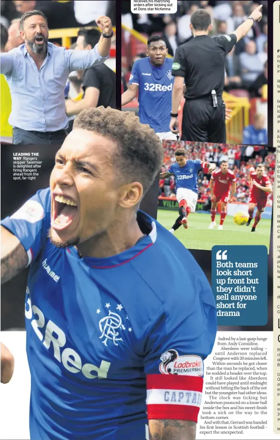 ??  ?? LEADING THE WAY Rangers skipper Tavernier is delighted after firing Rangers ahead from the spot, far right