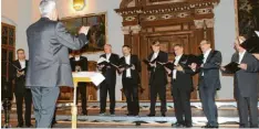  ??  ?? Die elf Sänger des Männerchor­es Mindeltal bekamen im Kirchheime­r Zedernsaal viel Applaus.