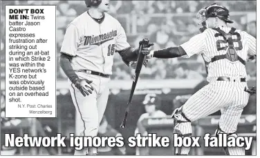  ??  ?? DON’T BOX ME IN: Twins batter Jason Castro expresses frustratio­n after striking out during an at-bat in which Strike 2 was within the YES network’s K-zone but was obviously outside based on an overhead shot. Wenzelberg N.Y. Post: Charles