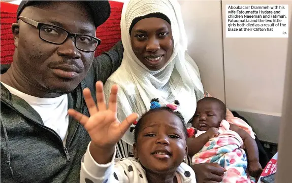  ?? PA ?? Aboubacarr Drammeh with his wife Fatoumatta Hydara and
News children Naeemah and Fatimah. Fatoumatta and the two little girls both died as a result of the blaze at their Clifton flat