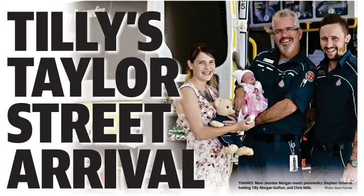  ?? Photo: Kevin Farmer ?? THANKS: Mum Jasmine Morgan meets paramedics Stephen Osborne holding Tilly Morgan-Gofton, and Chris Mills.