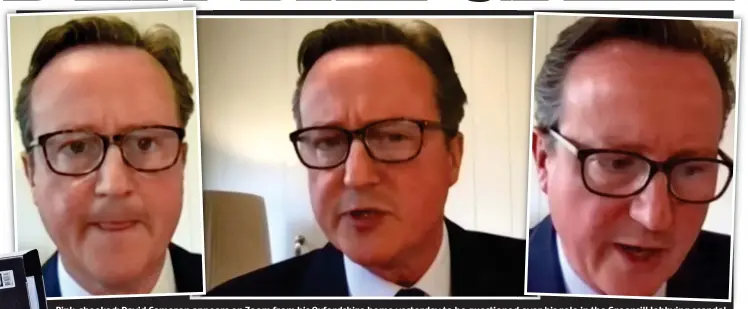  ??  ?? Pink-cheeked: David Cameron appears on Zoom from his Oxfordshir­e home yesterday to be questioned over his role in the Greensill lobbying scandal