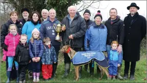  ??  ?? The Butler family (sponsors) presenting the Derby Trial Stake and Dick Fortune Perpetual Trophy to the winning owner, Anthony Hussey, at the 90th annual Loch Garman Cup meeting at Woodlands, Enniscorth­y.