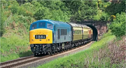  ?? GEOFF GRIFFTHS ?? Class 46 No. D182 (46045) emerges from Foley Park tunnel with the 14.10 Kiddermins­ter to Bridgnorth service on May 19. Visiting from the Midland Railway-Butterley courtesy of the Peak Locomotive Co, it is staying on at the Severn Valley Railway for the summer. It is due to appear at the September 29-October 1 diesel gala.