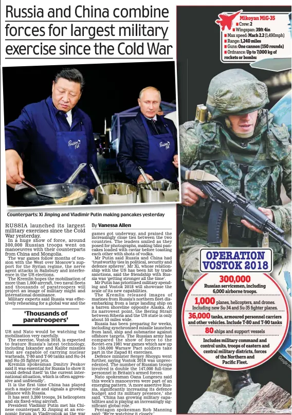  ??  ?? Counterpar­ts: Xi Jinping and Vladimir Putin making pancakes yesterday