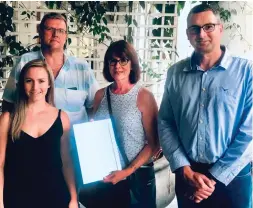  ??  ?? From left are Mikaila Hendrikz (We Are George), Sean Snyman (Lions), February 2019 George Good Citizen Taryn Mills Groenewald (Cat Garden Route) and Servaas de Kock (Group Editors).