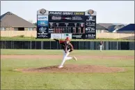  ?? Mark Humphrey/Pea Ridge TIMES ?? Blackhawk pitcher Landen Long dominated the Prairie Grove Tigers to earn the win, allowing two runs on five hits with eight strikeouts and no walks in 6.1 innings in Friday’s 11-5 win by the Blackhawks on the road. The victory improved Pea Ridge to 2-2 in the 4A-1 baseball standings.