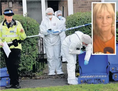  ??  ?? ●●The scene at a house on Atholl Drive, Heywood, where the body of gran Linda Parker (inset) was found