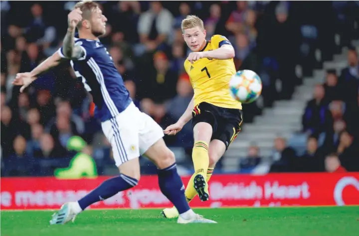  ?? — Reuters ?? Belgium’s Kevin De Bruyne scores their fourth goal.