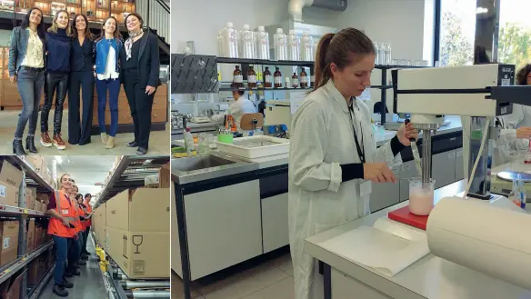  ??  ?? L’impresa A fianco i laboratori della Industrie Cosmetiche Riunite di Lodi. A lato alcune dipendenti con al centro Giorgia Martone, che con la sorella Ambra rappresent­a il futuro dell’azienda, e uno dei reparti «in rosa»