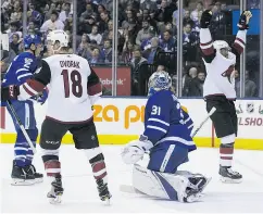  ??  ?? The Coyotes celebrate their go-ahead goal by defenceman Oliver Ekman-Larsson (not pictured).