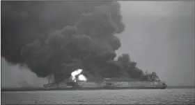  ?? AP/Korea Coast Guard ?? The Panama-registered tanker Sanchi is seen ablaze after a collision with a Hong Kong-registered freighter off China’s eastern coast Sunday.