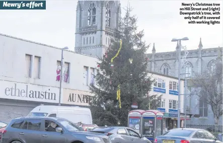  ??  ?? Newry’s effort
Newry’s Christmas tree on Hill Street and (right) Downpatric­k’s tree, with only half of it covered
with working lights