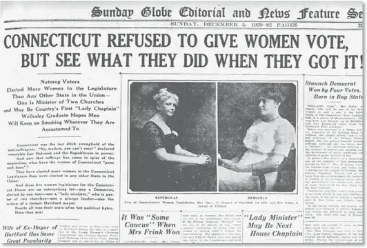  ??  ?? This clipping from the Dec. 5, 1920, edition of The Boston Globe shows an article featuring the first women elected to the Connecticu­t General Assembly.