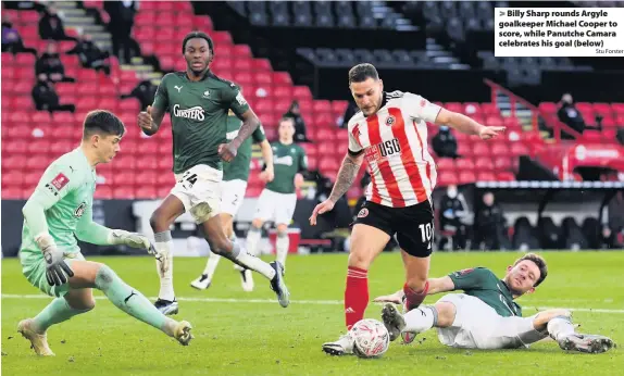  ?? Stu Forster ?? > Billy Sharp rounds Argyle goalkeeper Michael Cooper to score, while Panutche Camara celebrates his goal (below)