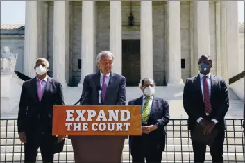  ?? J. SCOTT APPLEWHITE — THE ASSOCIATED PRESS ?? From left, Rep. Hank Johnson, D-Ga., Sen. Ed Markey, D-Mass., House Judiciary Committee Chairman Jerrold Nadler, D-N.Y., and Rep. Mondaire Jones, D-N.Y., hold a news conference outside the Supreme Court in Washington on Thursday to announce legislatio­n to expand the number of seats on the high court.