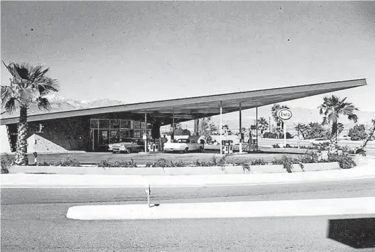  ?? PHOTOS COURTESY OF THE PALM SPRINGS HISTORICAL SOCIETY ?? Albert Frey was commission­ed to design the Enco Tramway gas station, pictured, in the early 1960s.